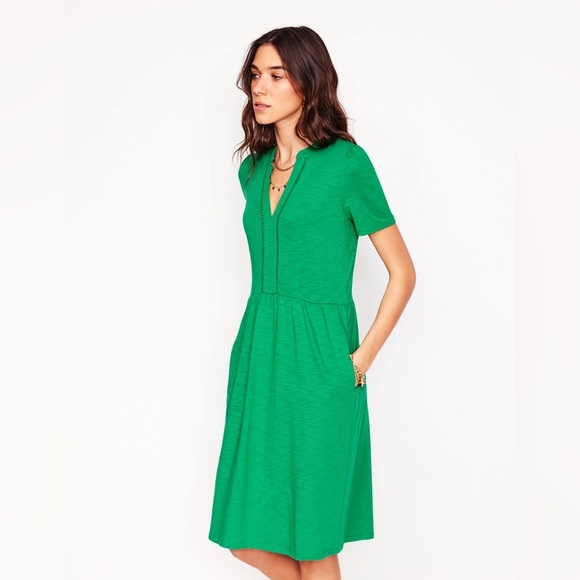 Boden Naomi Short Sleeve Dress midi Rich Emerald modal pockets babydoll petite - Picture 1 of 12